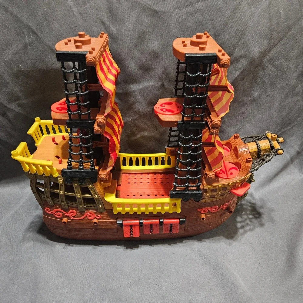 Vintage Fisher-Price Imaginext Pirate Ship Brown Yellow Red Sails 2006 Mattel